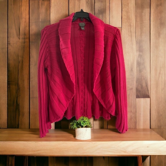 Additions By Chico's  Open Front Cable Knit  Cardigan Sweater Cotton Fuschia, Lg - Picture 1 of 10